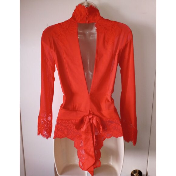 *50off3* NWT We Are HAH Take HAH Bow Reversible Bodysuit M Blood Orange Red Lace - Picture 4 of 6
